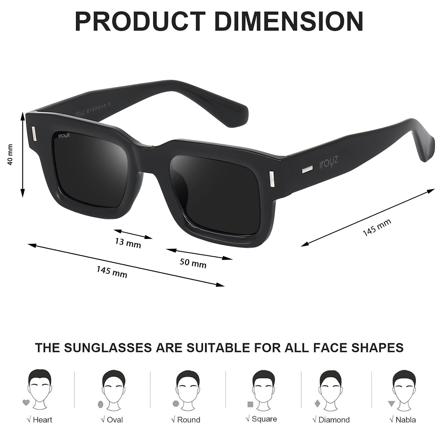 Irayz Premium Rectangular Sunglasses for Men | Stylish Full Frame Fashion Eyewear - Black
