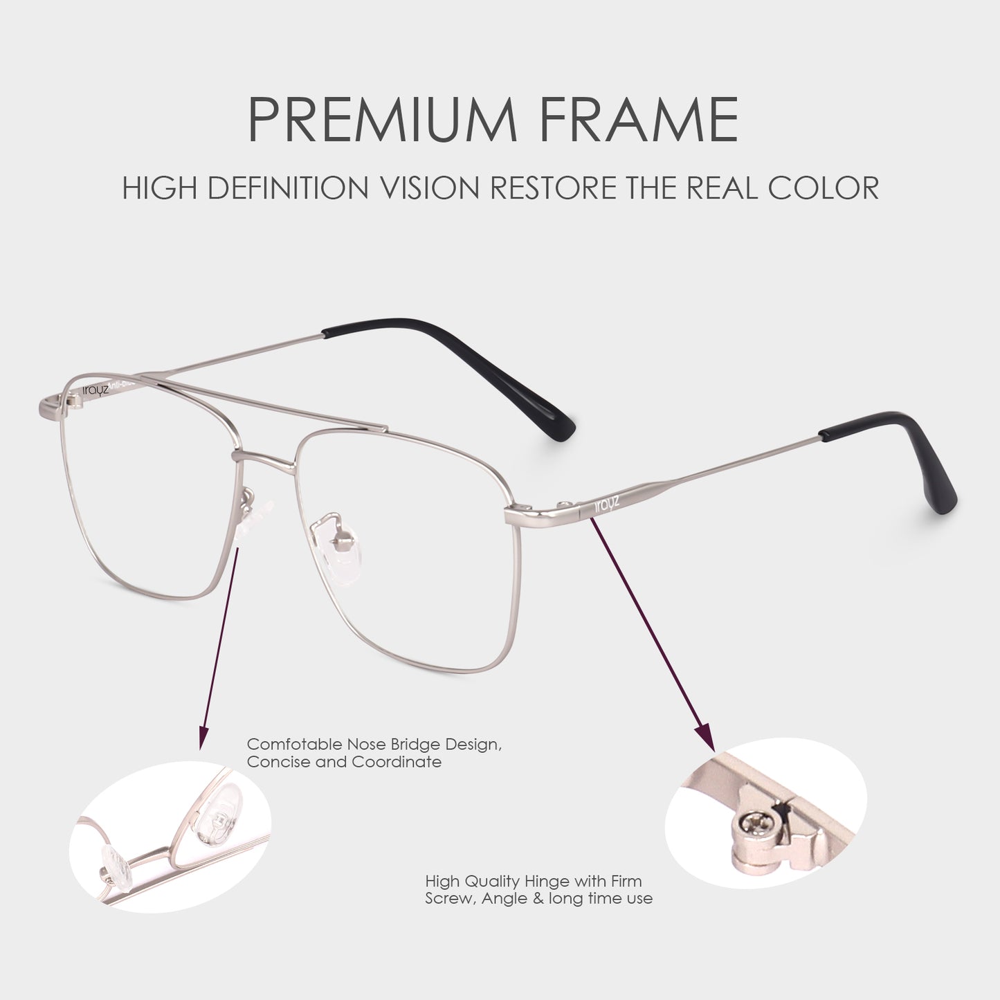 Irayz Premium Square Eyeglasses for Men | Stylish Full Rim Metal Frame