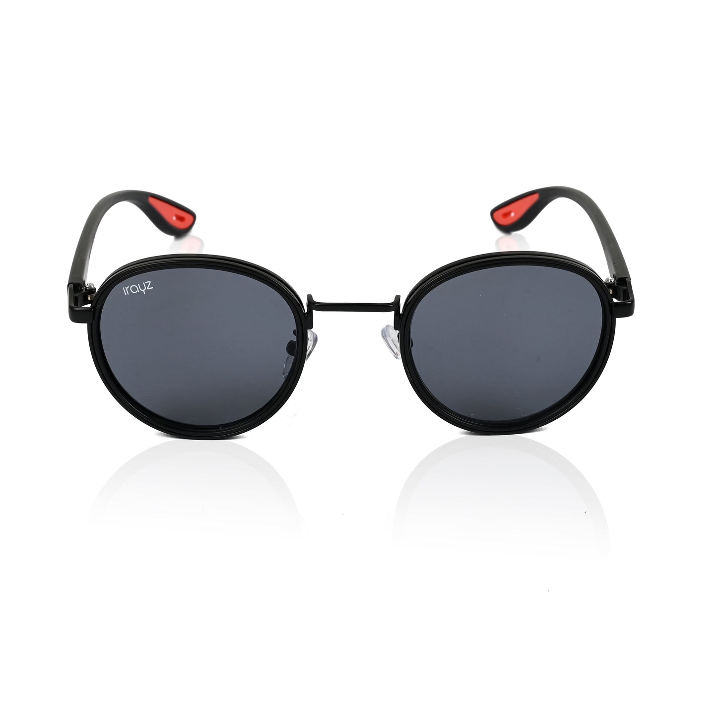 Irayz Round Sunglasses | Black Metal Frame, Red Accent Temple Tips | Premium UV400 Protection