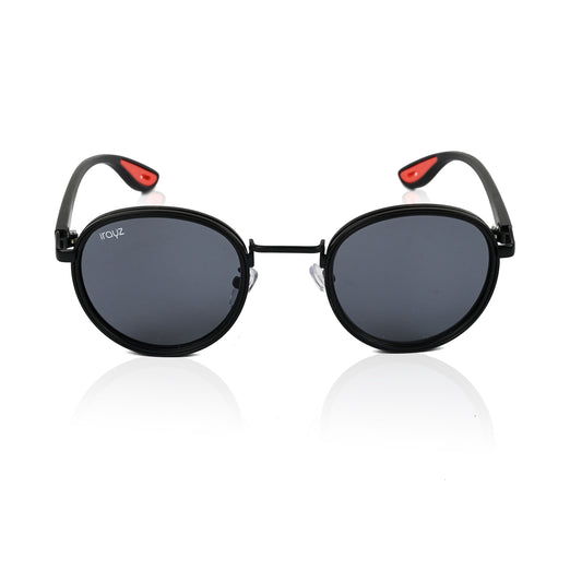 Irayz Round Sunglasses | Black Metal Frame, Red Accent Temple Tips | Premium UV400 Protection
