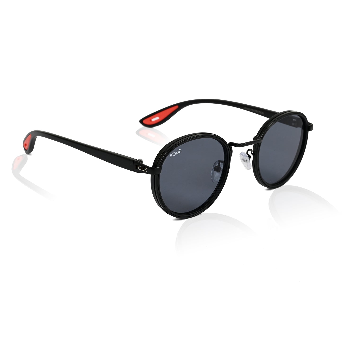 Irayz Round Sunglasses | Black Metal Frame, Red Accent Temple Tips | Premium UV400 Protection
