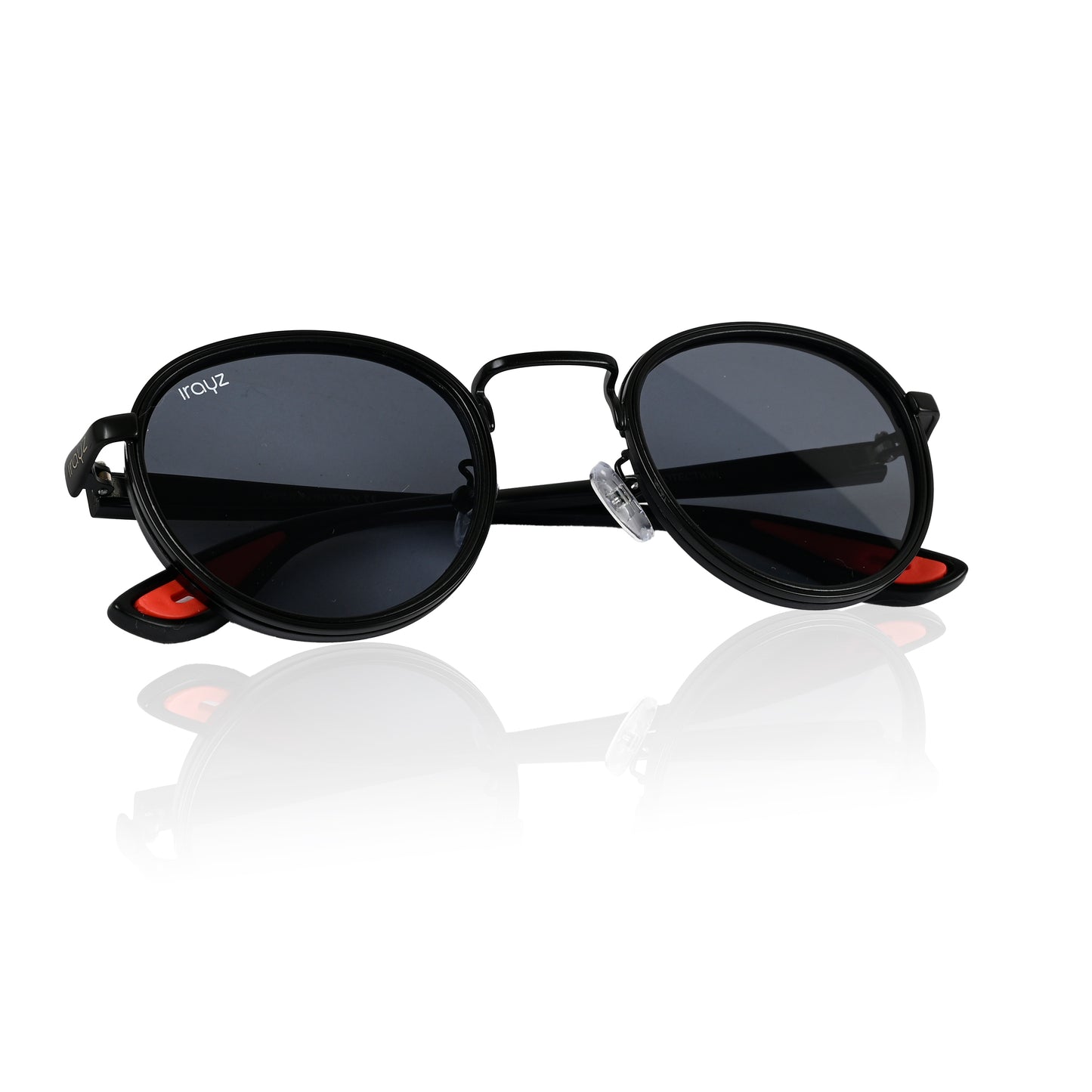 Irayz Round Sunglasses | Black Metal Frame, Red Accent Temple Tips | Premium UV400 Protection