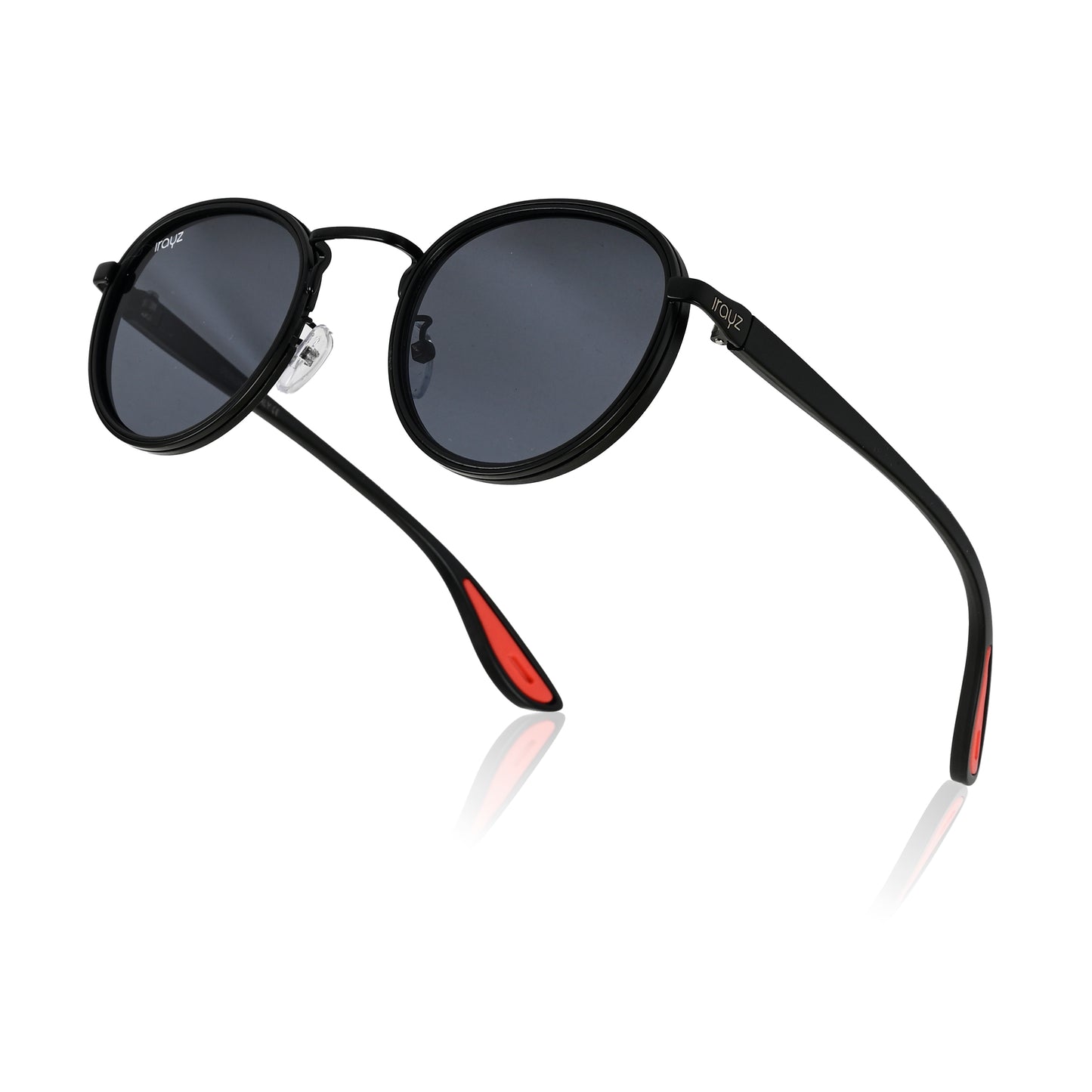 Irayz Round Sunglasses | Black Metal Frame, Red Accent Temple Tips | Premium UV400 Protection