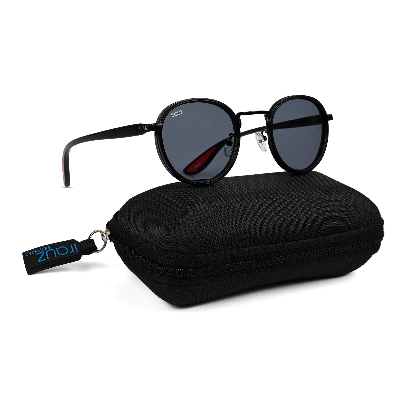 Irayz Round Sunglasses | Black Metal Frame, Red Accent Temple Tips | Premium UV400 Protection