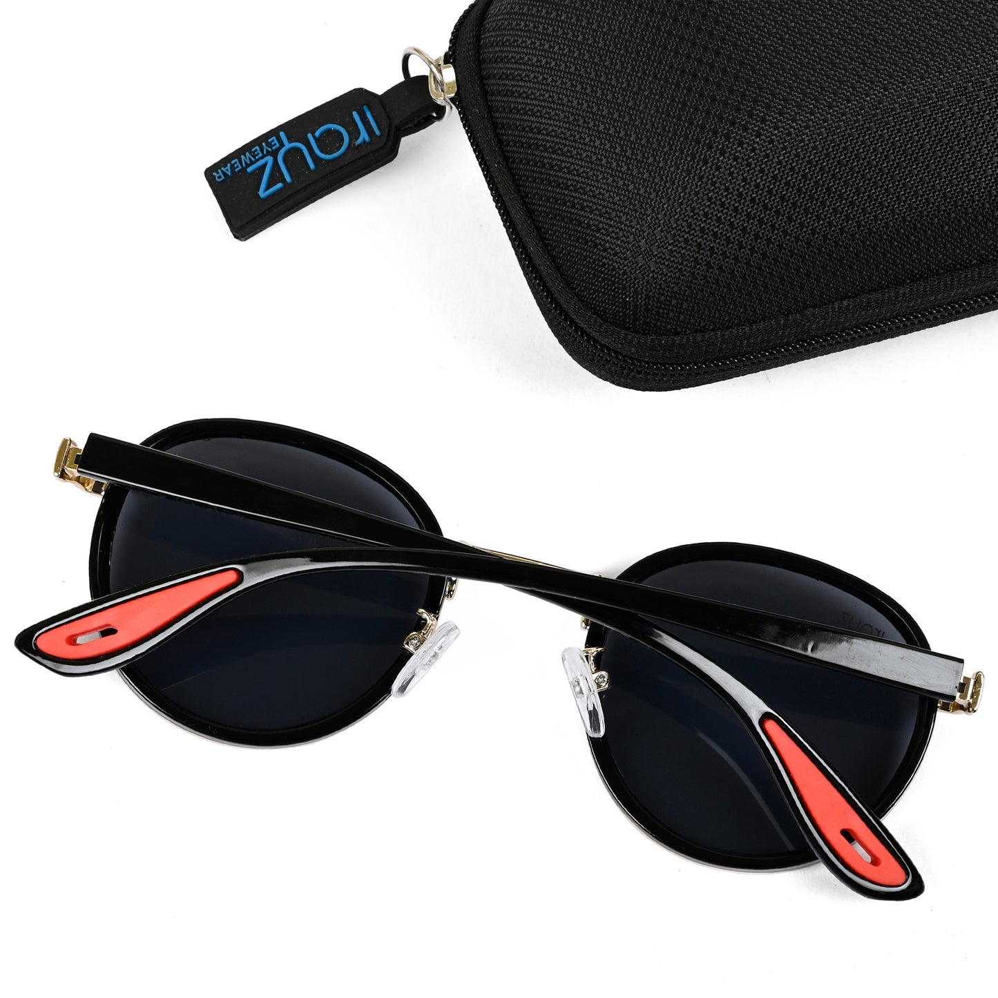 Irayz Round Sunglasses | Black Metal Frame, Red Accent Temple Tips | Premium UV400 Protection