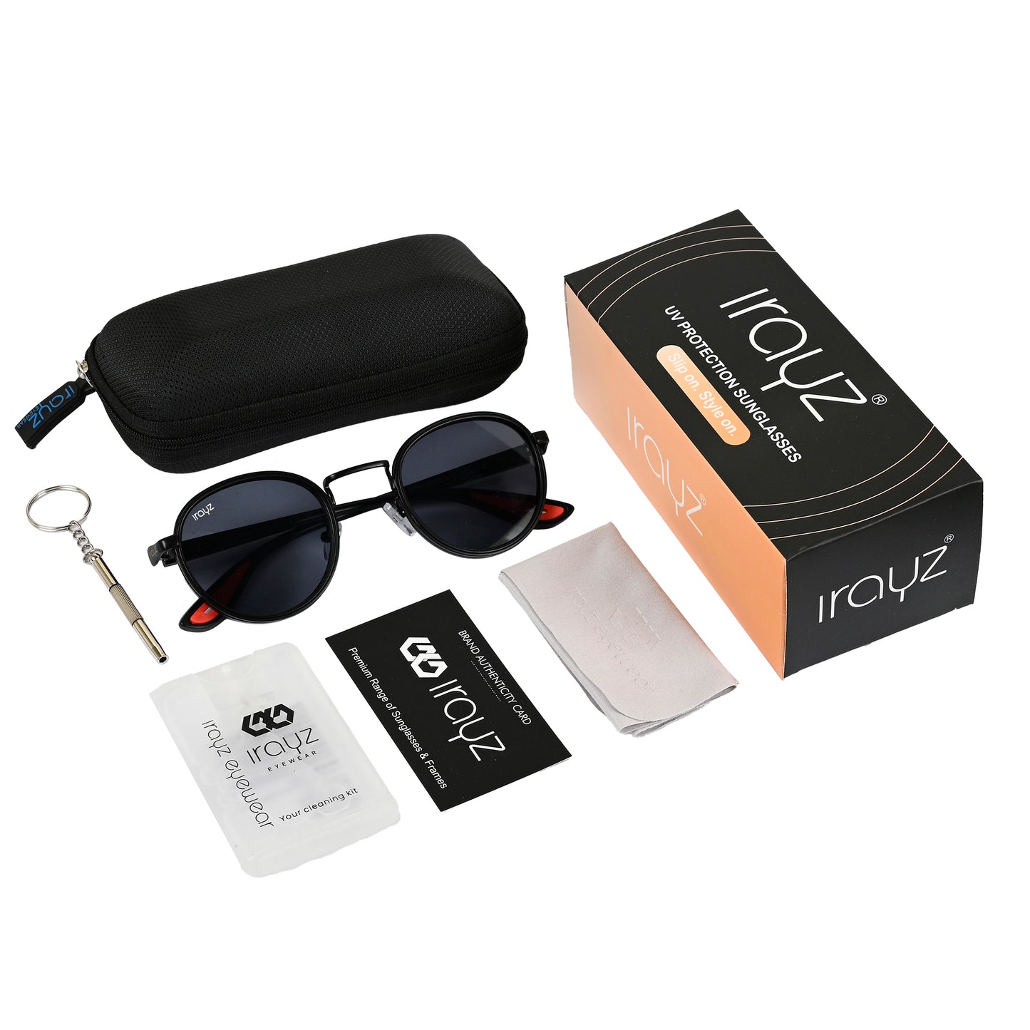 Irayz Round Sunglasses | Black Metal Frame, Red Accent Temple Tips | Premium UV400 Protection