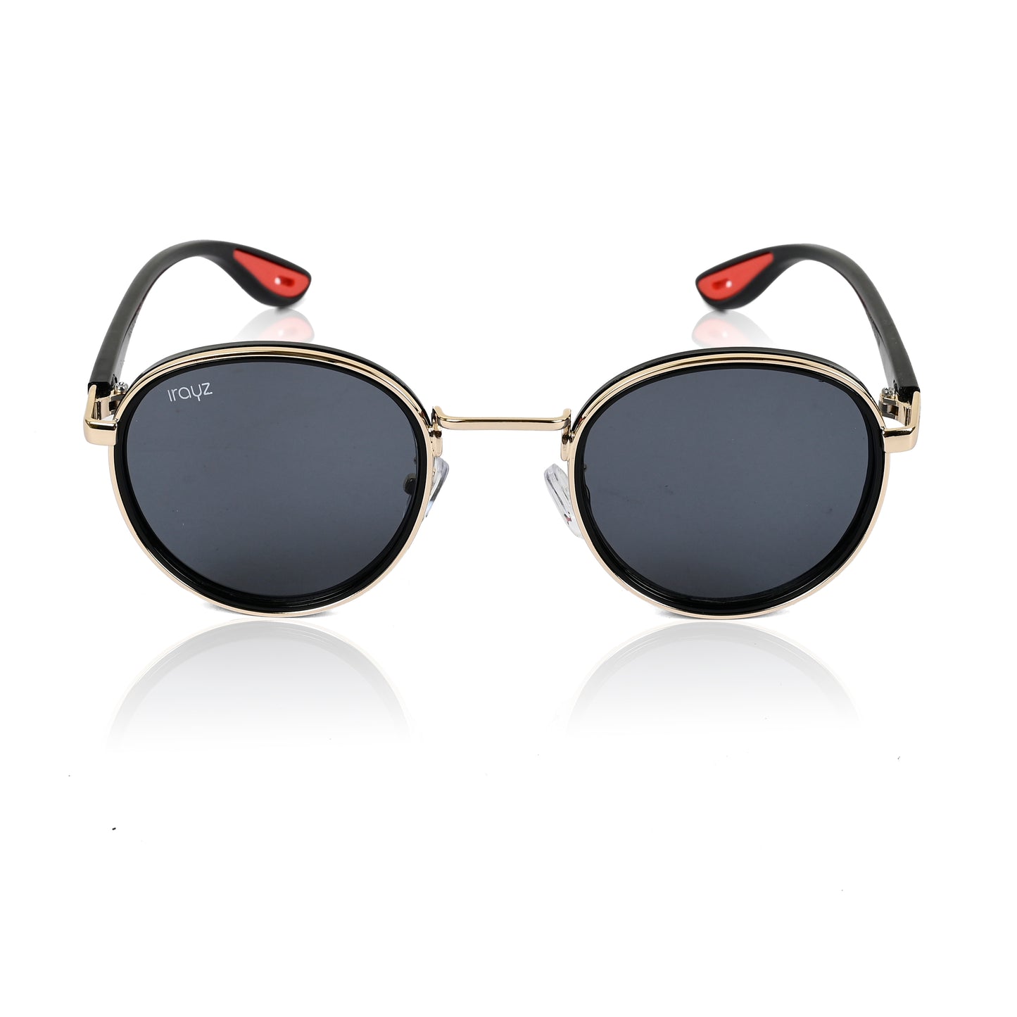 Irayz Round Sunglasses | Black Metal Frame, Red Accent Temple Tips | Premium UV400 Protection