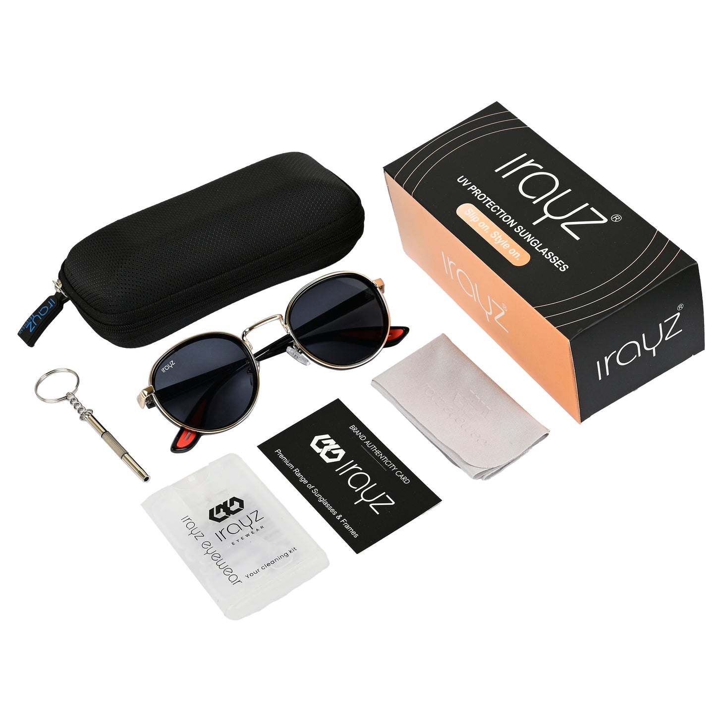 Irayz Round Sunglasses | Black Metal Frame, Red Accent Temple Tips | Premium UV400 Protection