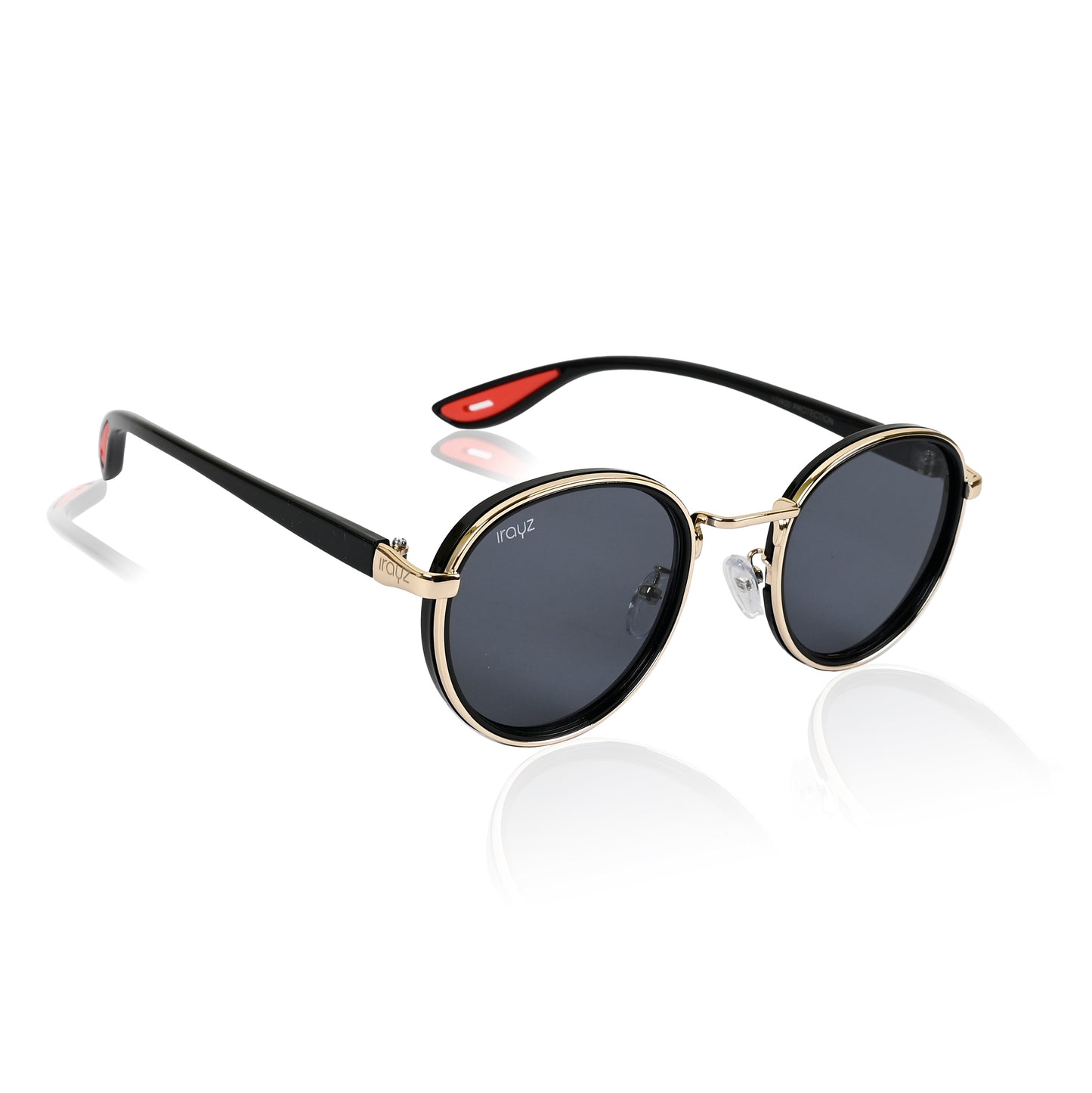 Irayz Round Sunglasses | Black Metal Frame, Red Accent Temple Tips | Premium UV400 Protection