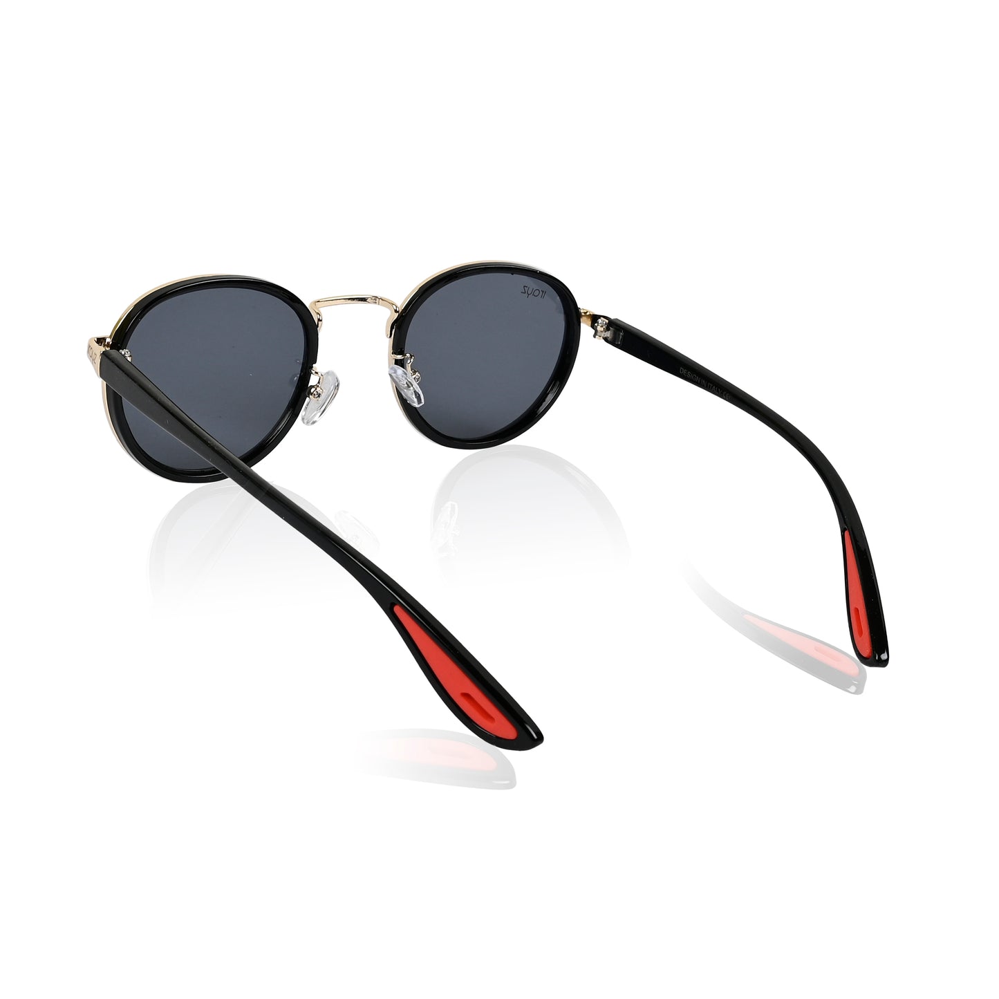 Irayz Round Sunglasses | Black Metal Frame, Red Accent Temple Tips | Premium UV400 Protection