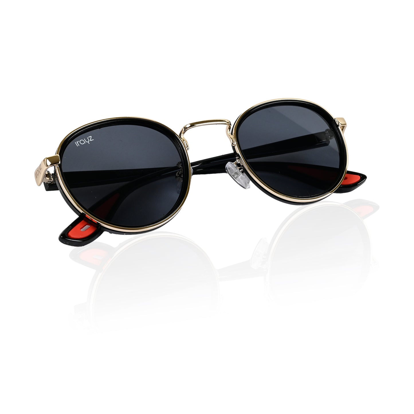 Irayz Round Sunglasses | Black Metal Frame, Red Accent Temple Tips | Premium UV400 Protection