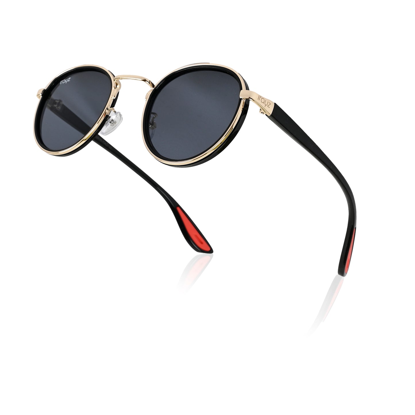 Irayz Round Sunglasses | Black Metal Frame, Red Accent Temple Tips | Premium UV400 Protection