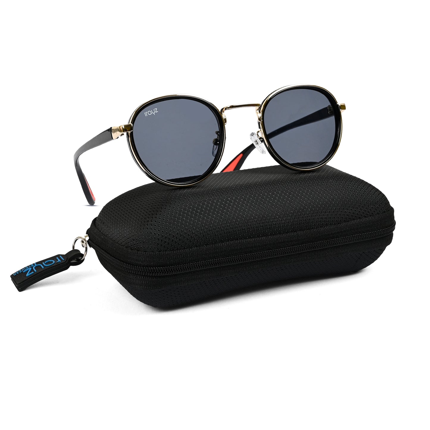 Irayz Round Sunglasses | Black Metal Frame, Red Accent Temple Tips | Premium UV400 Protection