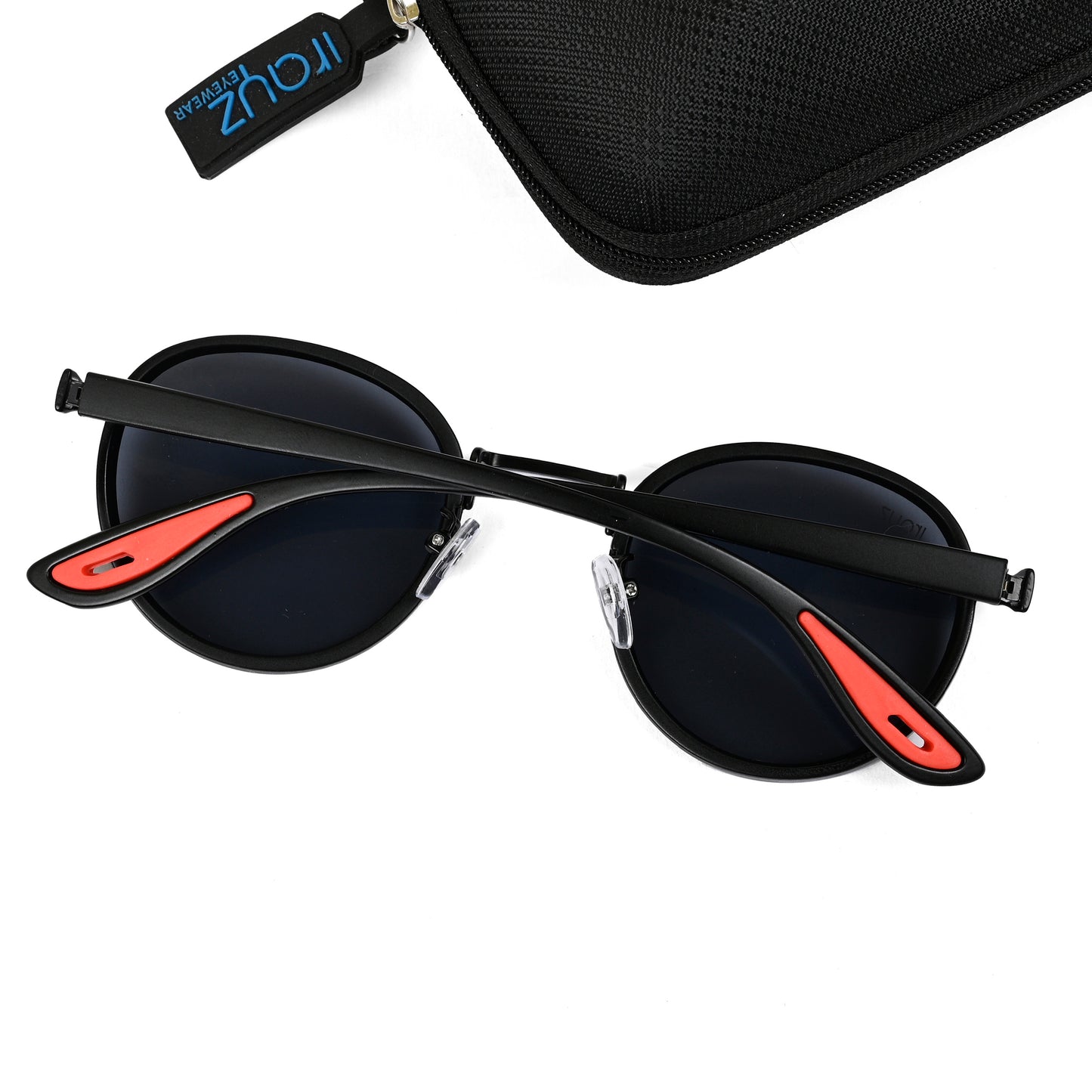 Irayz Round Sunglasses | Black Metal Frame, Red Accent Temple Tips | Premium UV400 Protection