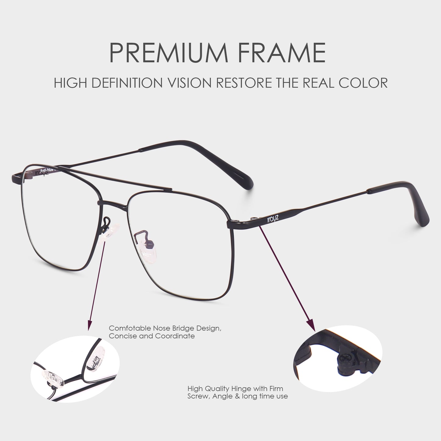Irayz Premium Square Eyeglasses for Men | Stylish Full Rim Metal Frame