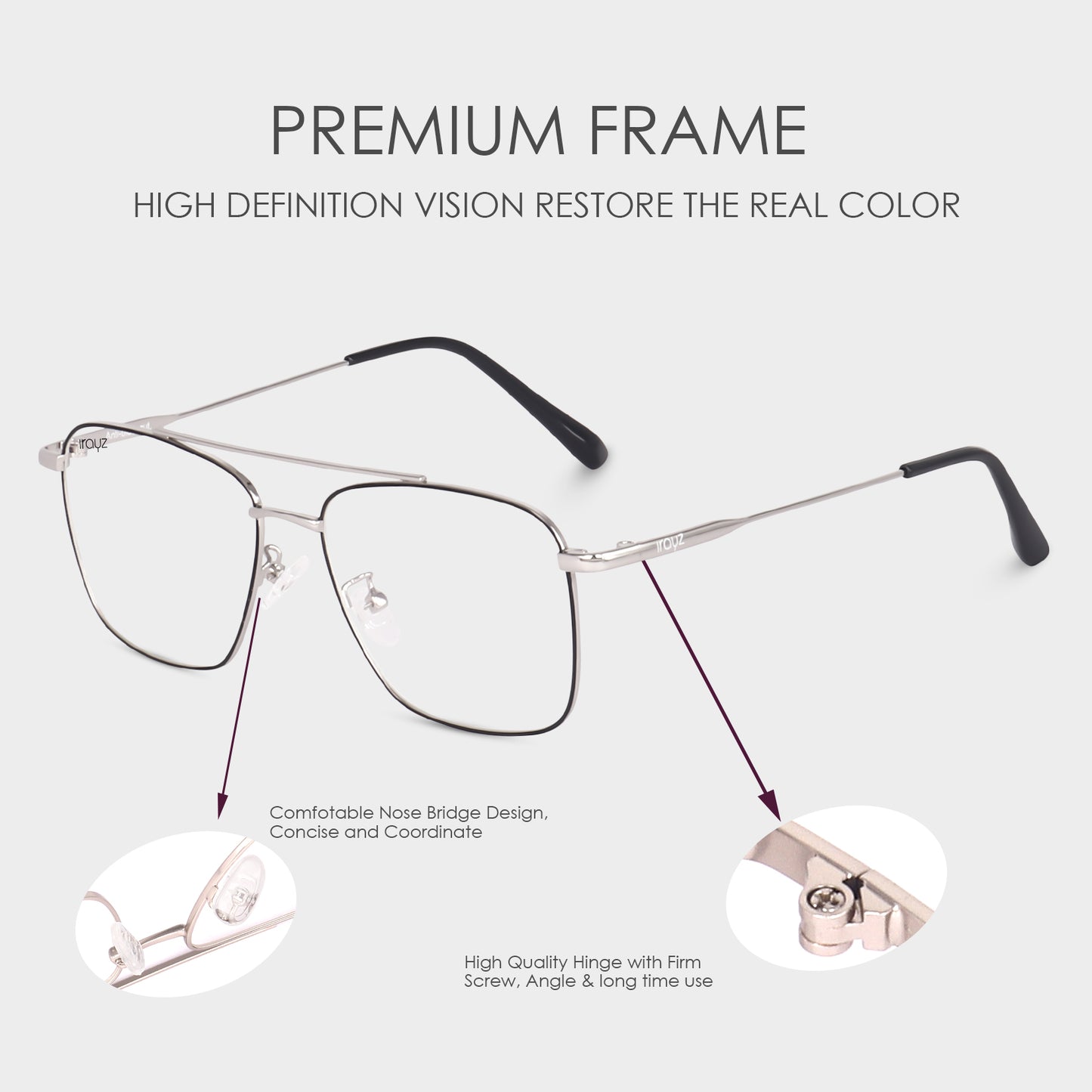 Irayz Premium Square Eyeglasses for Men | Stylish Full Rim Metal Frame